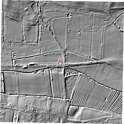 Shaded relief map of the ground around DN147ET, computed from Environment Agency LiDAR. The ground here sits at about 4 m above sea level and falls 5 m across the surrounding 800 m. Surface water reaching this point runs off ground lying to the south-east, 2.5 m higher.