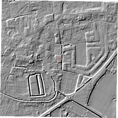 Shaded relief map of the ground around DN147FA, computed from Environment Agency LiDAR. The ground here sits at about 5 m above sea level and falls 6 m across the surrounding 800 m. Surface water reaching this point runs off ground lying to the south-south-east, 3.1 m higher.