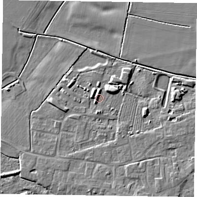 Shaded relief map of the ground around DN147FB, computed from Environment Agency LiDAR. The ground here sits at about 4 m above sea level and falls 6 m across the surrounding 800 m. Surface water reaching this point runs off ground lying to the north, 4.4 m higher.