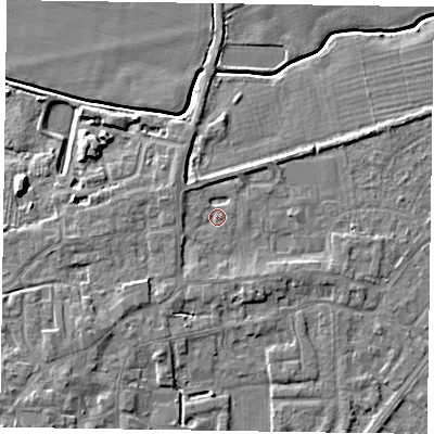 Shaded relief map of the ground around DN147FD, computed from Environment Agency LiDAR. The ground here sits at about 4 m above sea level and falls 6 m across the surrounding 800 m. Surface water reaching this point runs off ground lying to the south-west, 2.0 m higher.