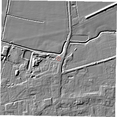 Shaded relief map of the ground around DN147FF, computed from Environment Agency LiDAR. The ground here sits at about 4 m above sea level and falls 7 m across the surrounding 800 m. Surface water reaching this point runs off ground lying to the south-east, 1.5 m higher.