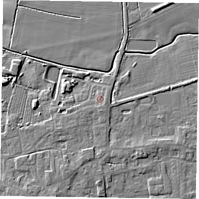 Shaded relief map of the ground around DN147FG, computed from Environment Agency LiDAR. The ground here sits at about 5 m above sea level and falls 7 m across the surrounding 800 m. Surface water reaching this point runs off ground lying to the south, 1.4 m higher.