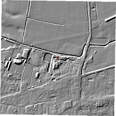 Shaded relief map of the ground around DN147FQ, computed from Environment Agency LiDAR. The ground here sits at about 4 m above sea level and falls 7 m across the surrounding 800 m. Surface water reaching this point runs off ground lying to the south, 3.9 m higher.