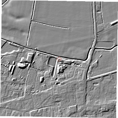 Shaded relief map of the ground around DN147FR, computed from Environment Agency LiDAR. The ground here sits at about 5 m above sea level and falls 7 m across the surrounding 800 m. Surface water reaching this point runs off ground lying to the east, 4.5 m higher.