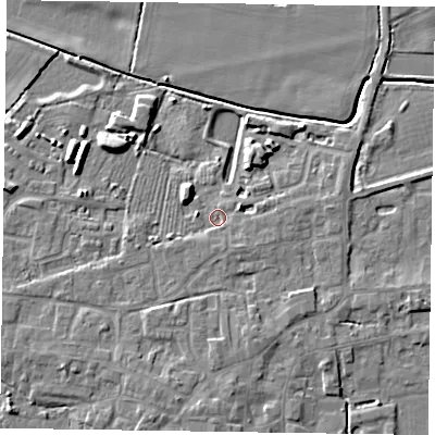 Shaded relief map of the ground around DN147FS, computed from Environment Agency LiDAR. The ground here sits at about 4 m above sea level and falls 7 m across the surrounding 800 m. Surface water reaching this point runs off ground lying to the east-north-east, 2.4 m higher.