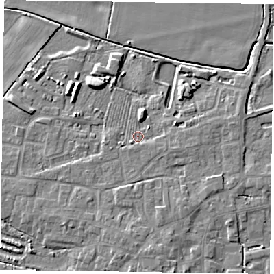 Shaded relief map of the ground around DN147FT, computed from Environment Agency LiDAR. The ground here sits at about 4 m above sea level and falls 7 m across the surrounding 800 m. Surface water reaching this point runs off ground lying to the north-east, 1.8 m higher.
