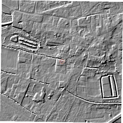 Shaded relief map of the ground around DN147FU, computed from Environment Agency LiDAR. The ground here sits at about 4 m above sea level and falls 5 m across the surrounding 800 m. Surface water reaching this point runs off ground lying to the east, 4.6 m higher.