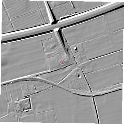 Shaded relief map of the ground around DN147FZ, computed from Environment Agency LiDAR. The ground here sits at about 4 m above sea level and falls 9 m across the surrounding 800 m. Surface water reaching this point runs off ground lying to the west-north-west, 0.8 m higher.