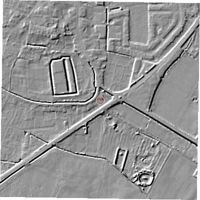 Shaded relief map of the ground around DN147GG, computed from Environment Agency LiDAR. The ground here sits at about 4 m above sea level and falls 6 m across the surrounding 800 m. Surface water reaching this point runs off ground lying to the east, 2.5 m higher.