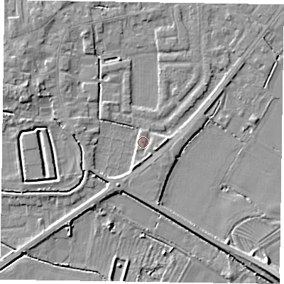 Shaded relief map of the ground around DN147GH, computed from Environment Agency LiDAR. The ground here sits at about 5 m above sea level and falls 8 m across the surrounding 800 m. Surface water reaching this point runs off ground lying to the south-south-west, 2.8 m higher.