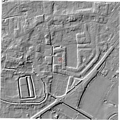 Shaded relief map of the ground around DN147GP, computed from Environment Agency LiDAR. The ground here sits at about 4 m above sea level and falls 6 m across the surrounding 800 m. Surface water reaching this point runs off ground lying to the south-west, 1.3 m higher.