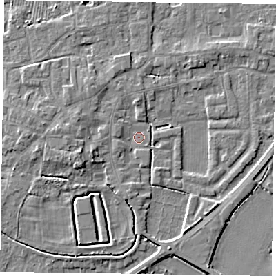 Shaded relief map of the ground around DN147GQ, computed from Environment Agency LiDAR. The ground here sits at about 4 m above sea level and falls 5 m across the surrounding 800 m. Surface water reaching this point runs off ground lying to the west-south-west, 1.6 m higher.