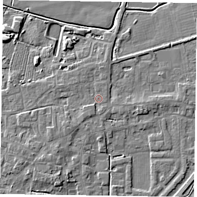 Shaded relief map of the ground around DN147GY, computed from Environment Agency LiDAR. The ground here sits at about 5 m above sea level and falls 7 m across the surrounding 800 m. Surface water reaching this point runs off ground lying to the south-south-west, 1.5 m higher.
