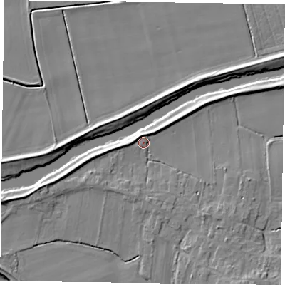 Shaded relief map of the ground around DN147HN, computed from Environment Agency LiDAR. The ground here sits at about 5 m above sea level and falls 8 m across the surrounding 800 m. Surface water reaching this point runs off ground lying to the north, 2.9 m higher.