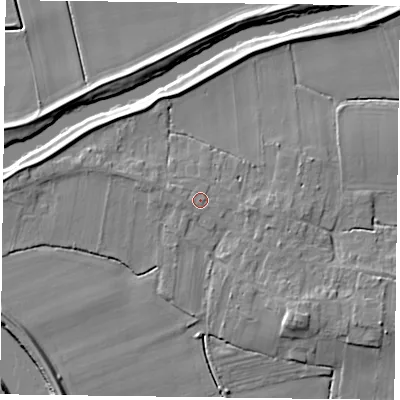 Shaded relief map of the ground around DN147HT, computed from Environment Agency LiDAR. The ground here sits at about 6 m above sea level and falls 9 m across the surrounding 800 m. The ground contributing surface water to this point lies to the east-north-east.