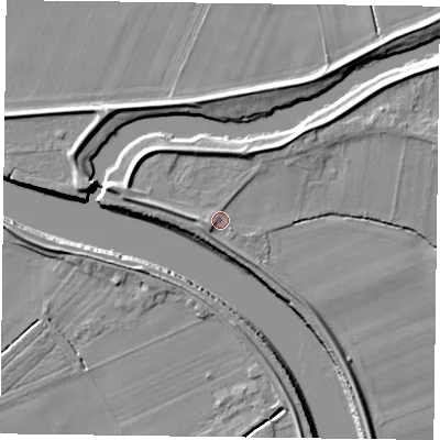 Shaded relief map of the ground around DN147HX, computed from Environment Agency LiDAR. The ground here sits at about 4 m above sea level and falls 7 m across the surrounding 800 m. Surface water reaching this point runs off ground lying to the west-south-west, 2.1 m higher.