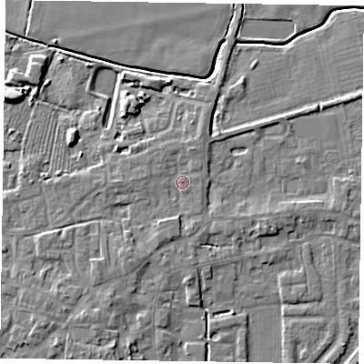 Shaded relief map of the ground around DN147HY, computed from Environment Agency LiDAR. The ground here sits at about 5 m above sea level and falls 7 m across the surrounding 800 m. Surface water reaching this point runs off ground lying to the north-north-east, 1.5 m higher.