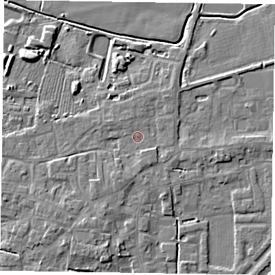 Shaded relief map of the ground around DN147JB, computed from Environment Agency LiDAR. The ground here sits at about 5 m above sea level and falls 7 m across the surrounding 800 m. Surface water reaching this point runs off ground lying to the north-east, 1.5 m higher.