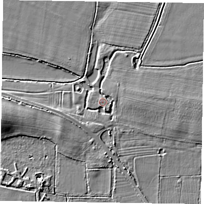Shaded relief map of the ground around DN147JP, computed from Environment Agency LiDAR. The ground here sits at about 4 m above sea level and falls 7 m across the surrounding 800 m. Surface water reaching this point runs off ground lying to the east, 2.8 m higher.