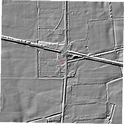 Shaded relief map of the ground around DN147LF, computed from Environment Agency LiDAR. The ground here sits at about 4 m above sea level and falls 5 m across the surrounding 800 m. Surface water reaching this point runs off ground lying to the north-north-east, 1.6 m higher.