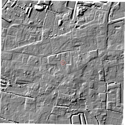 Shaded relief map of the ground around DN147LH, computed from Environment Agency LiDAR. The ground here sits at about 5 m above sea level and falls 7 m across the surrounding 800 m. Surface water reaching this point runs off ground lying to the south, 1.8 m higher.