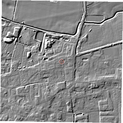 Shaded relief map of the ground around DN147LJ, computed from Environment Agency LiDAR. The ground here sits at about 5 m above sea level and falls 7 m across the surrounding 800 m. Surface water reaching this point runs off ground lying to the east-north-east, 1.3 m higher.
