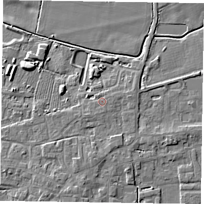 Shaded relief map of the ground around DN147LL, computed from Environment Agency LiDAR. The ground here sits at about 5 m above sea level and falls 7 m across the surrounding 800 m. The ground contributing surface water to this point lies to the south-south-west.