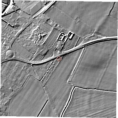 Shaded relief map of the ground around DN147LP, computed from Environment Agency LiDAR. The ground here sits at about 4 m above sea level and falls 6 m across the surrounding 800 m. Surface water reaching this point runs off ground lying to the north, 1.1 m higher.