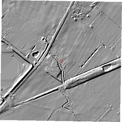 Shaded relief map of the ground around DN147LT, computed from Environment Agency LiDAR. The ground here sits at about 5 m above sea level and falls 6 m across the surrounding 800 m. Surface water reaching this point runs off ground lying to the south-west, 2.1 m higher.