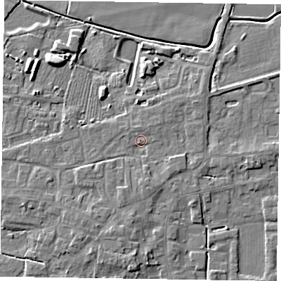 Shaded relief map of the ground around DN147LW, computed from Environment Agency LiDAR. The ground here sits at about 5 m above sea level and falls 7 m across the surrounding 800 m. Surface water reaching this point runs off ground lying to the south, 2.1 m higher.