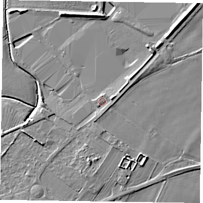 Shaded relief map of the ground around DN147PA, computed from Environment Agency LiDAR. The ground here sits at about 6 m above sea level and falls 9 m across the surrounding 800 m. Surface water reaching this point runs off ground lying to the east-north-east, 2.6 m higher.