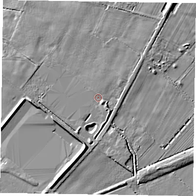 Shaded relief map of the ground around DN147PB, computed from Environment Agency LiDAR. The ground here sits at about 6 m above sea level and falls 8 m across the surrounding 800 m. Surface water reaching this point runs off ground lying to the south-east, 3.2 m higher.