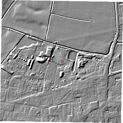 Shaded relief map of the ground around DN147QT, computed from Environment Agency LiDAR. The ground here sits at about 3 m above sea level and falls 7 m across the surrounding 800 m. Surface water reaching this point runs off ground lying to the south, 5.1 m higher.