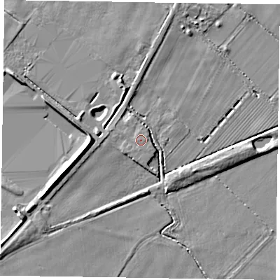 Shaded relief map of the ground around DN147QX, computed from Environment Agency LiDAR. The ground here sits at about 6 m above sea level and falls 6 m across the surrounding 800 m. The ground contributing surface water to this point lies to the west-south-west.