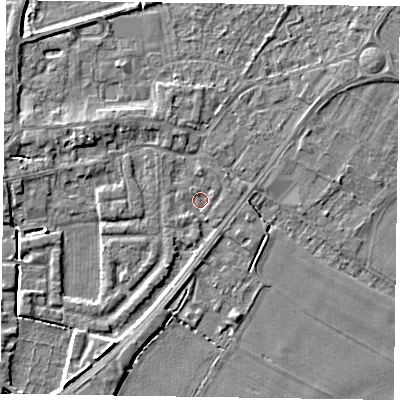Shaded relief map of the ground around DN147QY, computed from Environment Agency LiDAR. The ground here sits at about 4 m above sea level and falls 3 m across the surrounding 800 m. Surface water reaching this point runs off ground lying to the south-west, 3.1 m higher.