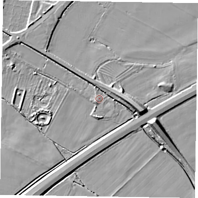Shaded relief map of the ground around DN147QZ, computed from Environment Agency LiDAR. The ground here sits at about 4 m above sea level and falls 10 m across the surrounding 800 m. Surface water reaching this point runs off ground lying to the east-north-east, 4.6 m higher.