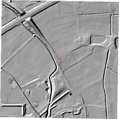 Shaded relief map of the ground around DN147RA, computed from Environment Agency LiDAR. The ground here sits at about 4 m above sea level and falls 10 m across the surrounding 800 m. Surface water reaching this point runs off ground lying to the north-west, 2.1 m higher.