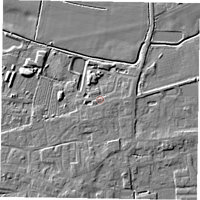 Shaded relief map of the ground around DN147RB, computed from Environment Agency LiDAR. The ground here sits at about 5 m above sea level and falls 7 m across the surrounding 800 m. Surface water reaching this point runs off ground lying to the west-south-west, 1.3 m higher.