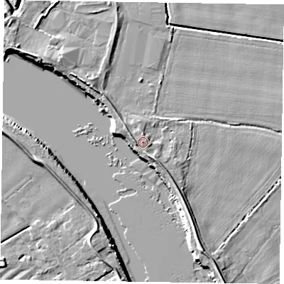Shaded relief map of the ground around DN147RD, computed from Environment Agency LiDAR. The ground here sits at about 5 m above sea level and falls 7 m across the surrounding 800 m. Surface water reaching this point runs off ground lying to the south-south-east, 1.9 m higher.