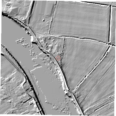 Shaded relief map of the ground around DN147RF, computed from Environment Agency LiDAR. The ground here sits at about 5 m above sea level and falls 7 m across the surrounding 800 m. Surface water reaching this point runs off ground lying to the west-south-west, 2.2 m higher.