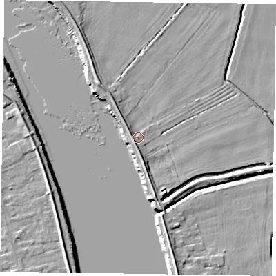 Shaded relief map of the ground around DN147RG, computed from Environment Agency LiDAR. The ground here sits at about 4 m above sea level and falls 6 m across the surrounding 800 m. Surface water reaching this point runs off ground lying to the south-west, 2.8 m higher.