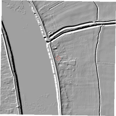 Shaded relief map of the ground around DN147RH, computed from Environment Agency LiDAR. The ground here sits at about 4 m above sea level and falls 6 m across the surrounding 800 m. Surface water reaching this point runs off ground lying to the west-south-west, 2.8 m higher.
