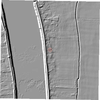 Shaded relief map of the ground around DN147RJ, computed from Environment Agency LiDAR. The ground here sits at about 4 m above sea level and falls 7 m across the surrounding 800 m. Surface water reaching this point runs off ground lying to the west-south-west, 2.7 m higher.