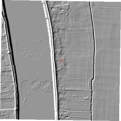 Shaded relief map of the ground around DN147RL, computed from Environment Agency LiDAR. The ground here sits at about 4 m above sea level and falls 7 m across the surrounding 800 m. Surface water reaching this point runs off ground lying to the south-west, 2.8 m higher.