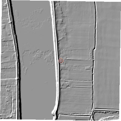 Shaded relief map of the ground around DN147RN, computed from Environment Agency LiDAR. The ground here sits at about 4 m above sea level and falls 7 m across the surrounding 800 m. Surface water reaching this point runs off ground lying to the west, 2.5 m higher.