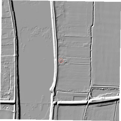 Shaded relief map of the ground around DN147RP, computed from Environment Agency LiDAR. The ground here sits at about 4 m above sea level and falls 10 m across the surrounding 800 m. Surface water reaching this point runs off ground lying to the west-north-west, 2.8 m higher.