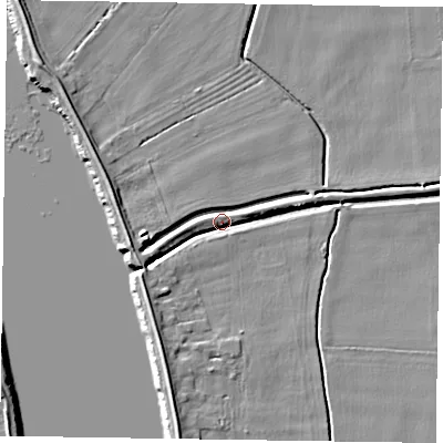 Shaded relief map of the ground around DN147RQ, computed from Environment Agency LiDAR. The ground here sits at about 4 m above sea level and falls 6 m across the surrounding 800 m. Surface water reaching this point runs off ground lying to the west-south-west, 5.1 m higher.