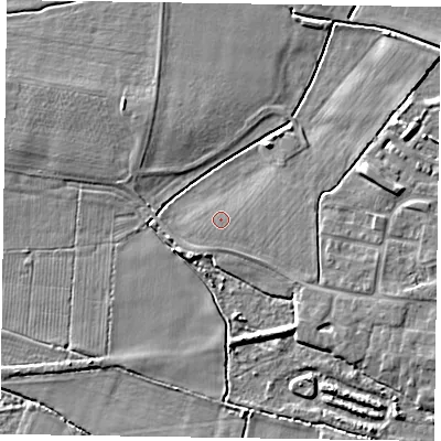 Shaded relief map of the ground around DN147RR, computed from Environment Agency LiDAR. The ground here sits at about 4 m above sea level and falls 6 m across the surrounding 800 m. Surface water reaching this point runs off ground lying to the south, 0.5 m higher.