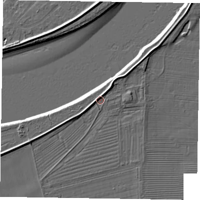 Shaded relief map of the ground around DN147RS, computed from Environment Agency LiDAR. The ground here sits at about 4 m above sea level and falls 7 m across the surrounding 800 m. Surface water reaching this point runs off ground lying to the north-east, 2.5 m higher.