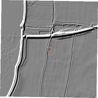 Shaded relief map of the ground around DN147RT, computed from Environment Agency LiDAR. The ground here sits at about 3 m above sea level and falls 10 m across the surrounding 800 m. Surface water reaching this point runs off ground lying to the west-north-west, 7.3 m higher.